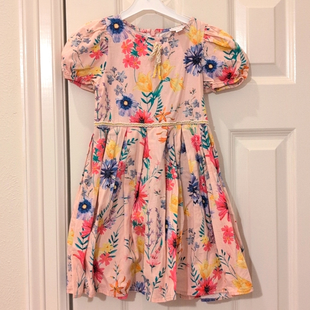 Eirene Kids Girls Dress Size 5-6T Flowers Spring Summer Puffy Sleeve 100%Cotton